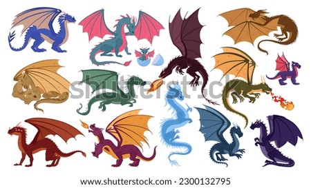 Fantasy dragons. Cartoon scary fire breathing flying reptiles, fairy dragon characters flat vector illustration set. Winged magic dragons collection