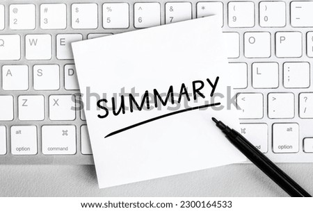 White paper with text Summary lying on the keyboard Royalty-Free Stock Photo #2300164533