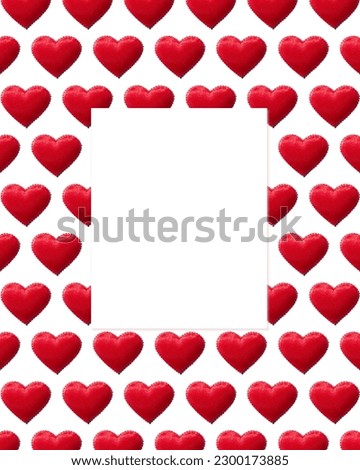 a creative pattern of red hearts on a white background with a rectangular copy space in the center for a love theme or Valentines Day