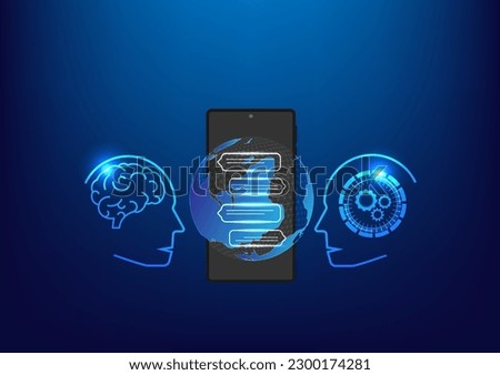 Chat, chat with ai bot. Global business digital conept. Human ask bot. Bot conversation. Smart ai bot communicate with human in smartphone. Technology blue background Royalty-Free Stock Photo #2300174281