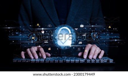 Cybersecurity and privacy concepts to protect data. padlock icon and internet network security technology. Businessman protecting personal data on computer virtual screen, secure internet access,