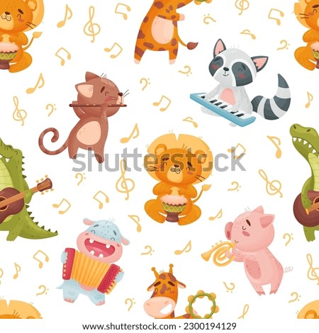 Seamless Pattern with Animals Playing Musical Instrument Vector Template