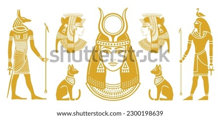 Ancient Egypt scene. Hieroglyphic carvings on the exterior walls of an ancient Egyptian temple. Egypt stone border, vector seamless papyrus ornament, god silhouette, holly cat, wall hieroglyphs. Royalty-Free Stock Photo #2300198639