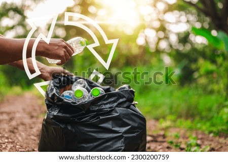 recycling, eco, save, plastic bottle, plastic, environmental, reuse, ecological, bag, trash. plastic bottles let down to trash or recycle bag. to save environmental reuse plastic and bottle.