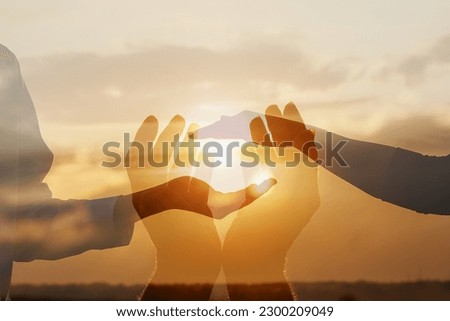 Double exposure of hands with supportive and protective gestures.