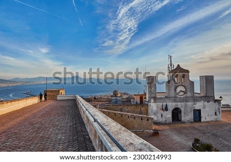 Castel Sant'Elmo, medieval fortress located on Vomero Hill, Naples, Italy. The castle is adjacent to the Certosa di San Martino, from the top a panoramic view of the city Royalty-Free Stock Photo #2300214993