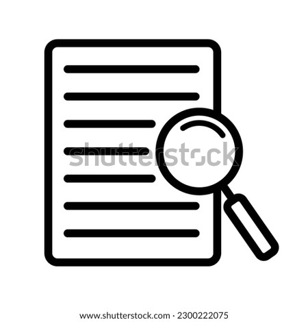 Search result icon. Research report analyse line sign. Analytics case study outline vector symbol with magnify glass. Isolated black thin icon for document review. suitable for app or web ui design. Royalty-Free Stock Photo #2300222075