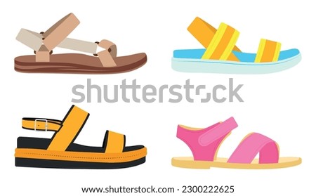 Set of colored summer sandals in cartoon style. Vector illustration of various open summer sandals with straps, low and high platform isolated on white background. Summer shoes. Royalty-Free Stock Photo #2300222625