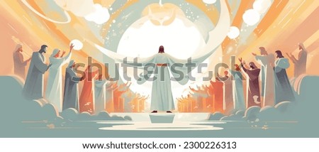 Biblical vector illustration series, Pentecost also called Whit Sunday, Whitsunday or Whitsun. It commemorates the descent of the Holy Spirit upon the Apostles and other followers of Jesus Christ  Royalty-Free Stock Photo #2300226313