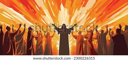 Biblical vector illustration series, Pentecost also called Whit Sunday, Whitsunday or Whitsun. It commemorates the descent of the Holy Spirit upon the Apostles and other followers of Jesus Christ  Royalty-Free Stock Photo #2300226315