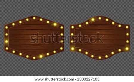 Broadway light sign board banner. Vector casino bulb wooden frame. Cartoon game led lit interface shape. Forest neon signboard with timber texture. Circus solid panel marquee set. Menu plank bar asset Royalty-Free Stock Photo #2300227103