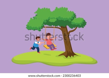 Cartoon flat style drawing of happy two little boys playing on tree swing. Cheerful kids on swinging under a tree at school. Children playing at outdoor playground. Graphic design vector illustration