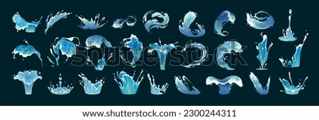 Blue water splash isolated on black. Vector liquid transparent splashing fluids with droplets Royalty-Free Stock Photo #2300244311