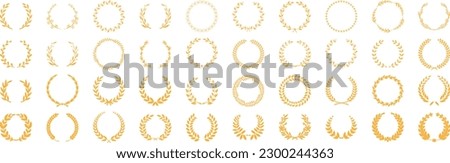 Golden laurel wreath round frame set. Rings with gold leaves. Roman circular badge for anniversary, wedding, award isolated on dark background Royalty-Free Stock Photo #2300244363