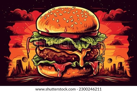 Hot burger vintage colorful poster with juicy cheeseburger and cheese with tomatoes and pickled cucumbers made on fire vector illustration Royalty-Free Stock Photo #2300246211