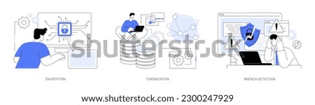 Data privacy abstract concept vector illustration set. IT specialist works on encryption, safe network connection, tokenization process, cybersecurity, data breach detection abstract metaphor. Royalty-Free Stock Photo #2300247929