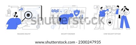 Cybersecurity professions abstract concept vector illustration set. Professional malware analyst examines computer viruses, security engineer at work, chief datacenter officer abstract metaphor. Royalty-Free Stock Photo #2300247935