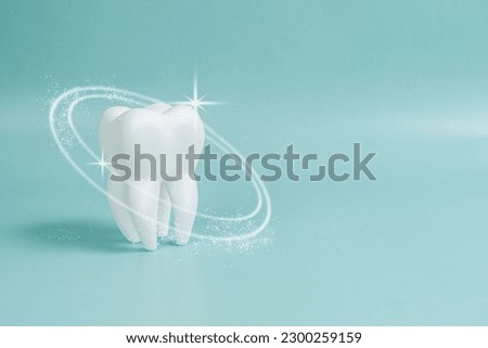 Teeth whitening concept. Comparison of a clean and dirty tooth before and after the whitening procedure. Teeth whitening procedure poster, dental health and oral hygiene for dentistry design Royalty-Free Stock Photo #2300259159