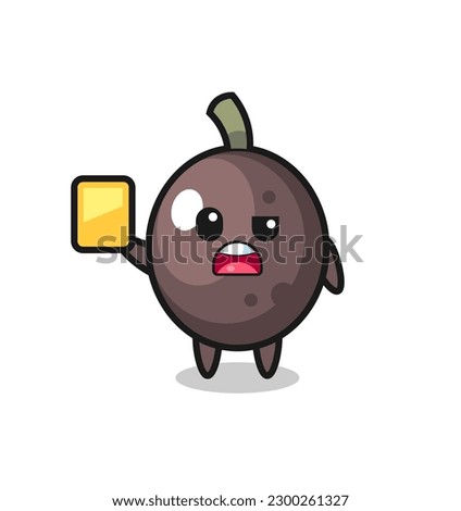 cartoon black olive character as a football referee giving a yellow card , cute style design for t shirt, sticker, logo element