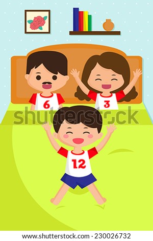 A vector illustration of jumping kid on the bed while his parents watching