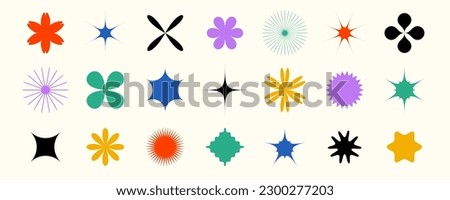 Abstract stars and flowers shapes collection. Primitive geometric forms set in Swiss or bauhaus style. Brutalist elements pack for posters, banners, collages. Big bundle of vector signs. 