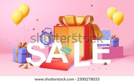 White SALE text display on red carpet rolled out from surprise box. Wrapped gift boxes, shopping bag, and clock display on square podium. Royalty-Free Stock Photo #2300278033