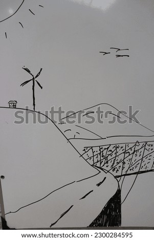 a painting made manually using a black marker on a whiteboard. This painting depicts a beautiful and peaceful village atmosphere