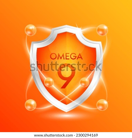 Omega 9 shield with orange atom. Vitamins and minerals nutrients protect the body stay healthy. For nutrition products food. Medical scientific concepts. 3D Vector illustration. Royalty-Free Stock Photo #2300294169