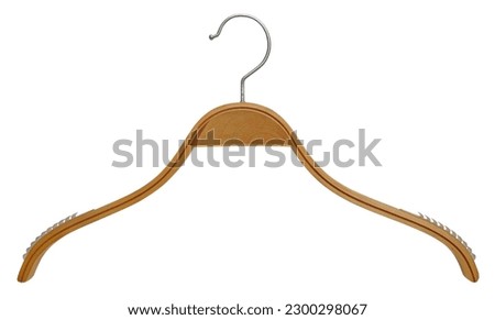 Wooden hanger for clothes isolated on white background. With non-slip rubber ridges on its sides. Mock up template, no label for fashion business. Royalty-Free Stock Photo #2300298067