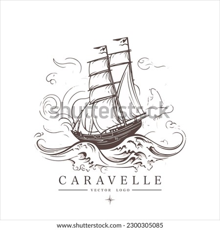 Sailing boat, caravelle, frigate on the water, vector logo emblem in asian style.