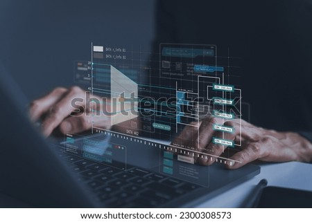 Engineer working with database for digital data design or cyberspace network and connection. Information science system analysis, planning and development. Big data program software management concept Royalty-Free Stock Photo #2300308573