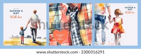 	
Set of Fathers Day card with cute trendy watercolor illustrations of dad with son, with daughter, modern typography and holiday wishes. Father's Day templates for poster, cover, banner, social media Royalty-Free Stock Photo #2300316291