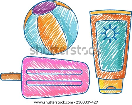 Summer Beach Objects in Pencil Colour Sketch Simple Style