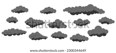 Smoke clouds vector icon set isolated on white background. Cartoon grey fluffy clouds collection for heaven 2d scene and backgrounds. Flat design cumulus clip art vector illustration.
