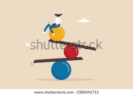 Work life balance, equality or weight between working for money and life happiness, health, success and healthy lifestyle concept, woman working with computer laptop while balance on equilibrium. Royalty-Free Stock Photo #2300345713