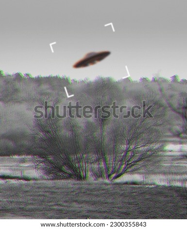 UFO, alien and camcorder on a camera screen to record a flying saucer in the sky over area 51. Viewfinder, motion blur and conspiracy with a spaceship on a recording device display outdoor in nature Royalty-Free Stock Photo #2300355843