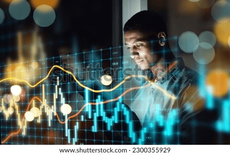 Businessman, tablet and dashboard at night of stock market, trading or graph and chart data at office. Man trader or broker working late on technology checking digital trends, analytics or statistics Royalty-Free Stock Photo #2300355929