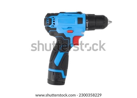 Blue with black inserts Chinese plastic cordless electric screwdriver isolated on white. Royalty-Free Stock Photo #2300358229