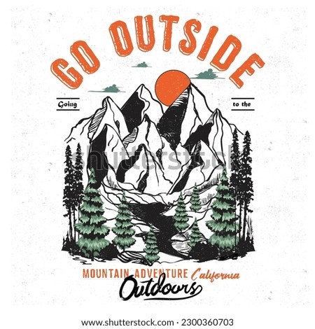 go outside the great outdoors, Adventure at the mountain graphic artwork for t shirt and others. Mountain with tree retro vintage print design. the great outdoors. Royalty-Free Stock Photo #2300360703