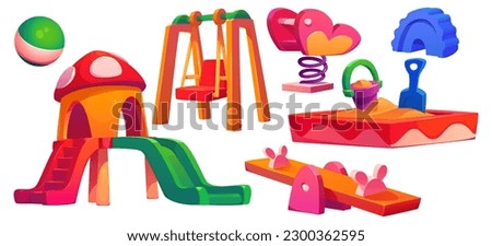Kids playground equipment in park, kindergarten, school or home yard. Swing, slide, sandbox, seesaw, toys and ball isolated on white background, vector cartoon illustration Royalty-Free Stock Photo #2300362595