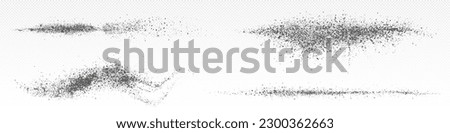 Splashes of ash powder, black dust. Burst or spray effect of dark particles, ash splatters isolated on transparent background, vector realistic illustration Royalty-Free Stock Photo #2300362663
