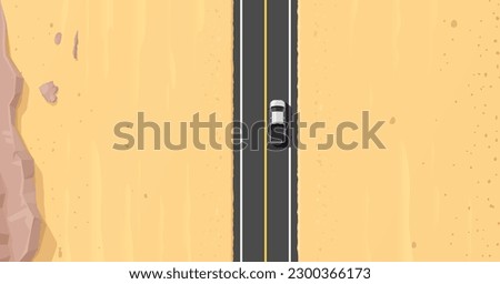 Desert road top view. Utah hot valley driveway, arabian dessert speed freeway or Egypt wilderness terrain highway backdrop. Africa asphalt road wallpaper or background with truck car, sand and rocks Royalty-Free Stock Photo #2300366173