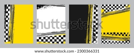 Rally racing grunge background, checkered flag and tire tracks. Motorsport victory or race wining background, F1 championship competition vector banners with car wheel dirty trace, finish flag pattern Royalty-Free Stock Photo #2300366331