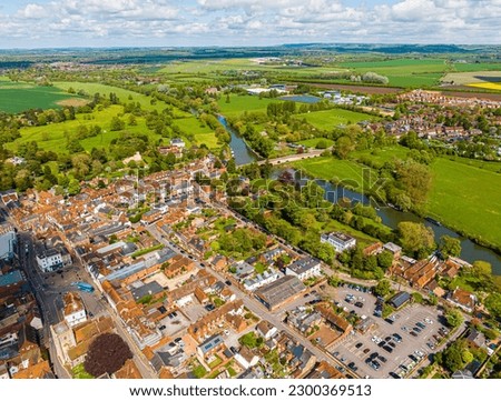Aerial view of Wallingford, a historic market town and civil parish located between Oxford and Reading on the River Thames in England, UK Royalty-Free Stock Photo #2300369513