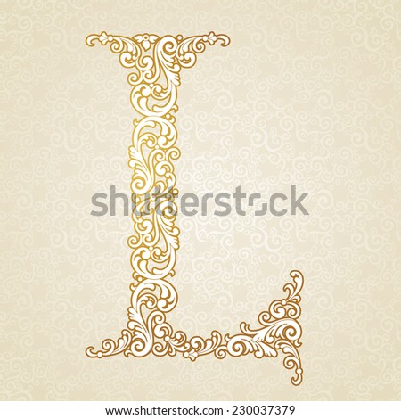 Gold font type letter L, uppercase. Vector baroque element of golden vintage alphabet made from curls and floral motifs. Victorian ABC element in vector.