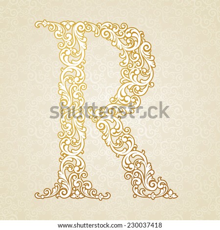 Gold font type letter R, uppercase. Vector baroque element of golden vintage alphabet made from curls and floral motifs. Victorian ABC element in vector.