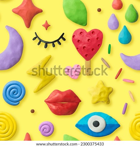 Seamless bright pattern on yellow background. Handmade eyes, lips, moon, stars, drops, lightning, hearts from modeling clay. Royalty-Free Stock Photo #2300375433