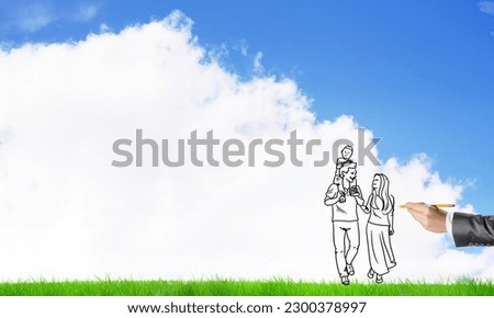 Hand drawn happy family in casual clothes with child