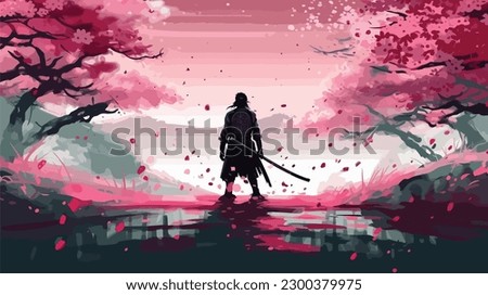 a lonely samurai warrior standing in a field of cherry blossom Royalty-Free Stock Photo #2300379975