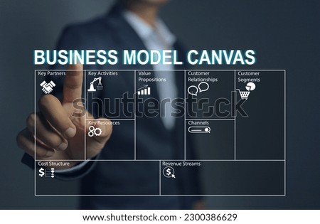 Business people plan and study the market with business model canvas or BMC tools before investing or starting a business such as key partner, cost structure, channels, resources, customer segment. Royalty-Free Stock Photo #2300386629